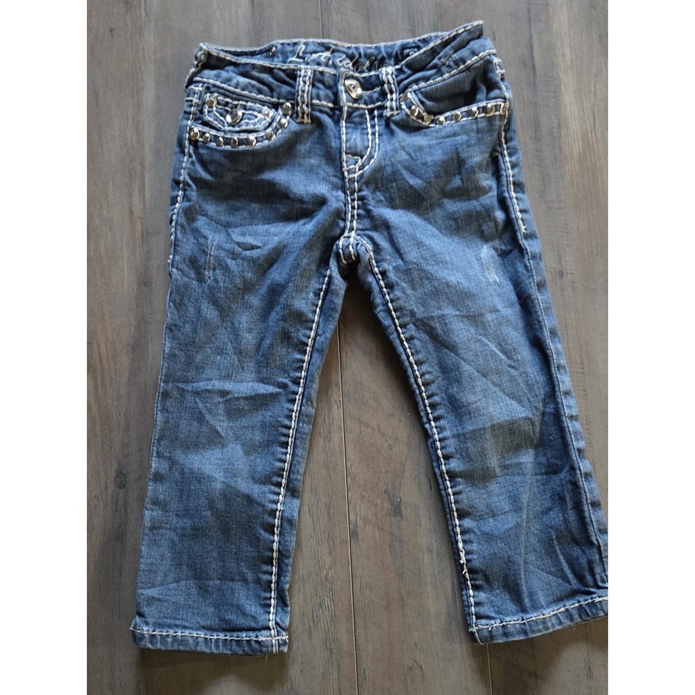 LA Idol Jeans Rhinestones & Embroidery Capris Girl Sz 8 (23W/12.5L) 14.5" Inseam
